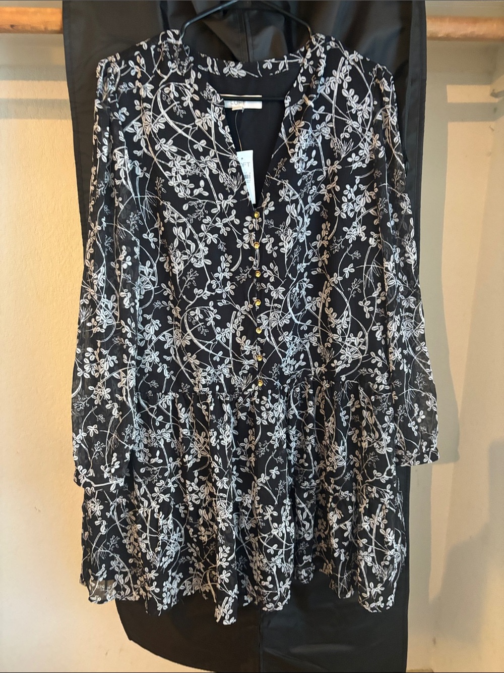 LOFT Black Floral Long-Sleeve Tiered Dress